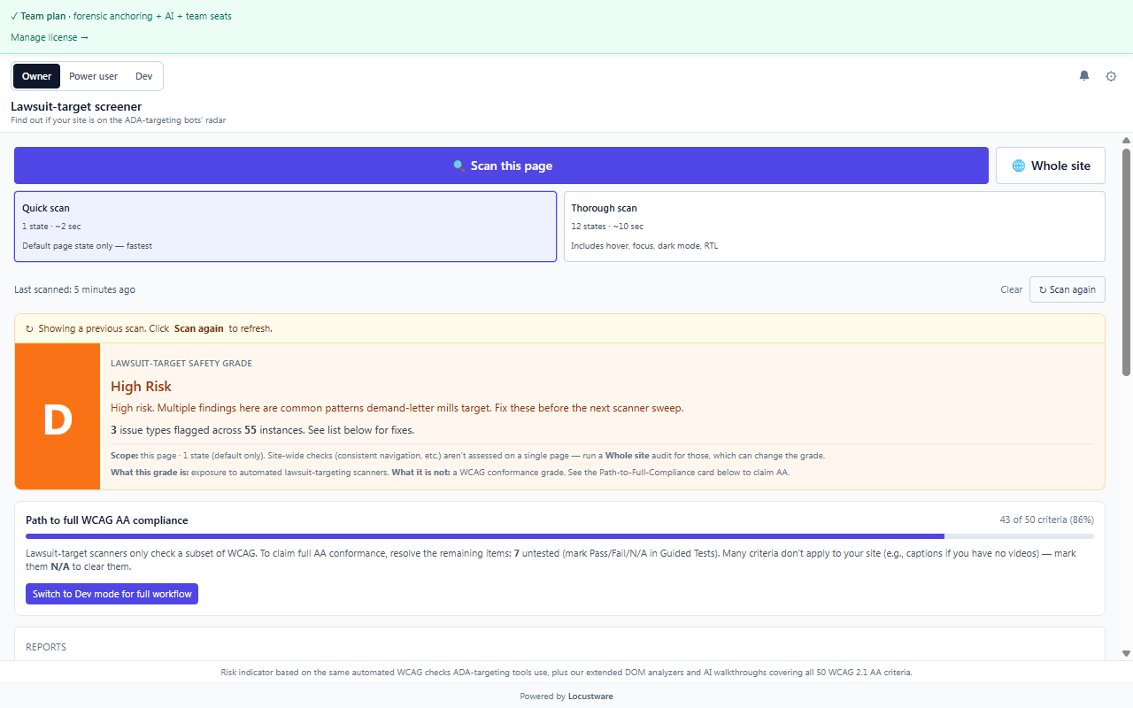 Lawsuit-target screener (Owner mode)